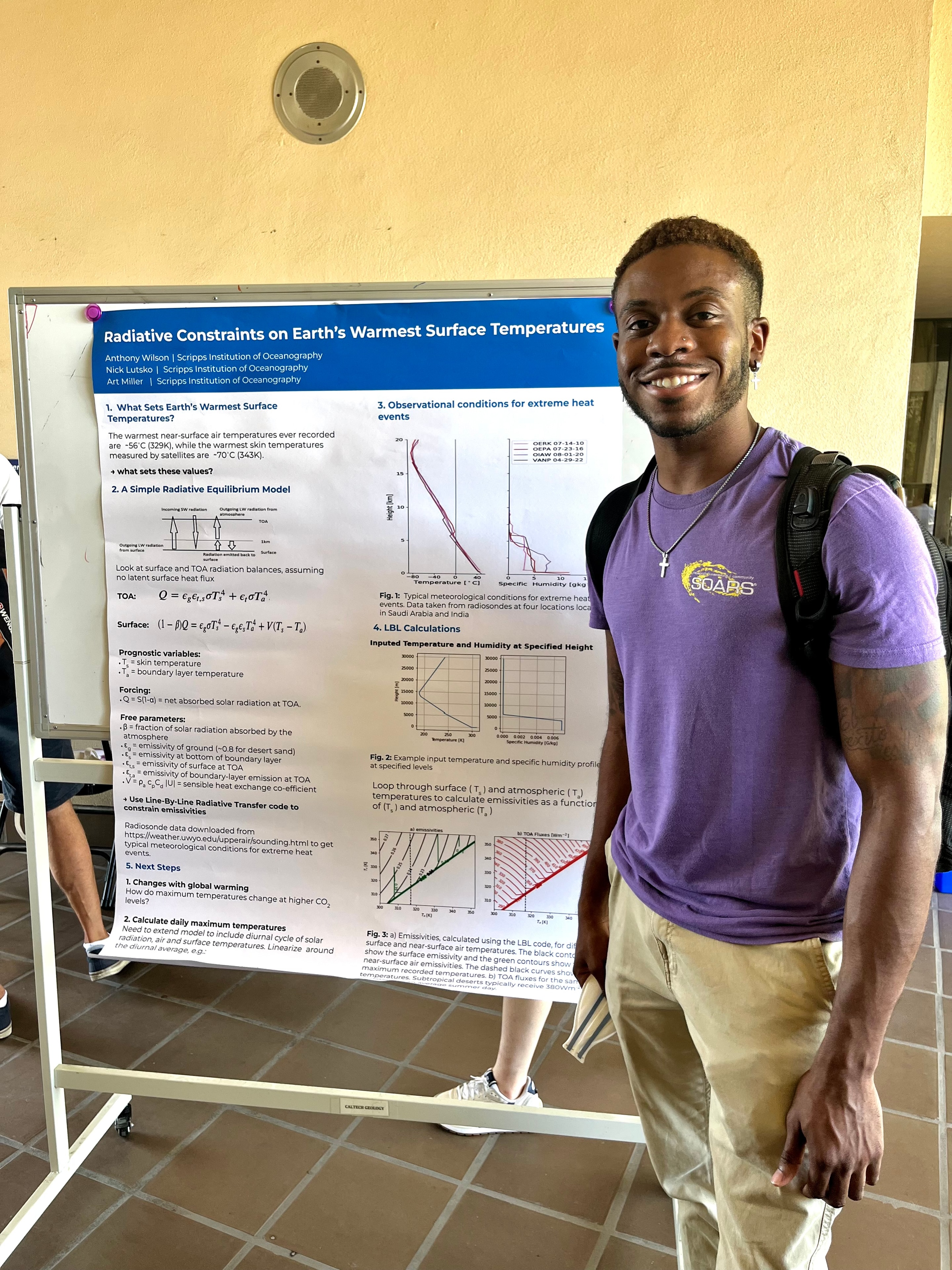 Anthony Wilson presenting his Scripps research poster: Radiative Constraints on Earth's Warmest Surface Temperatures, with Nick Lutsko and Art Miller